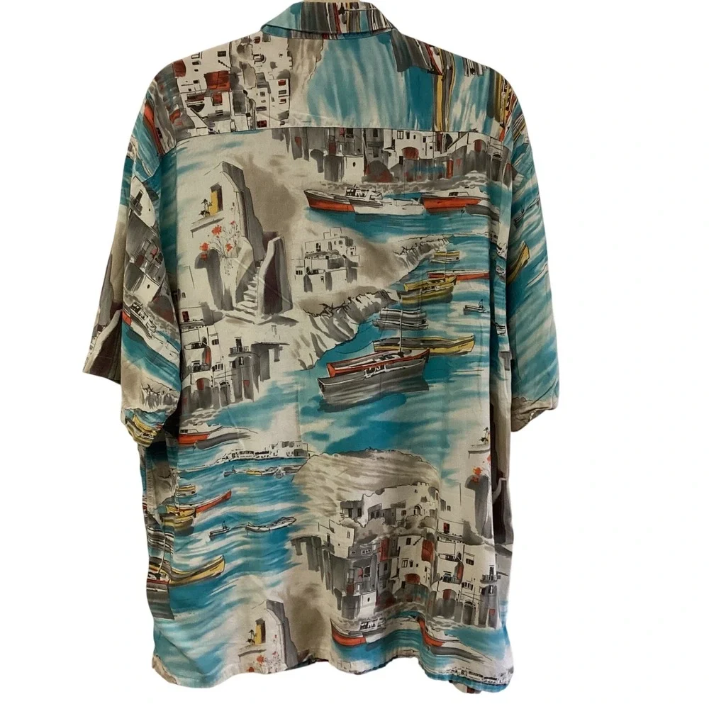 Pierre Cardin Mens XXL Rayon Button Down Shirt Coastal‎ Boat Harbor Scenic Print